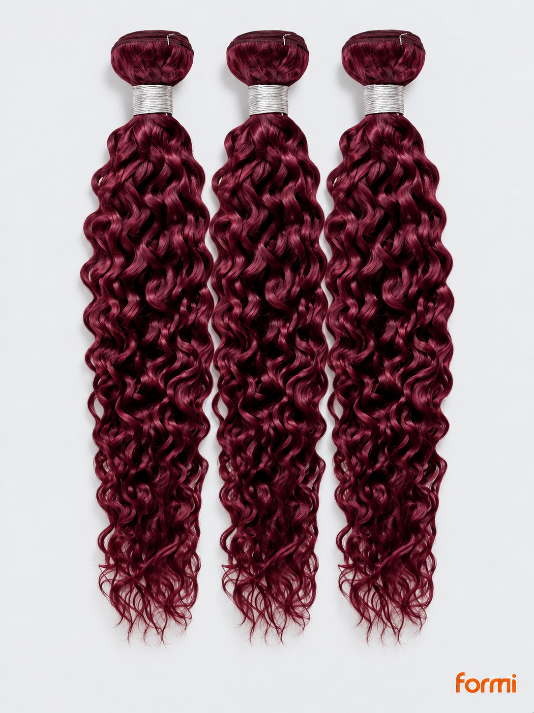 Three 99J burgundy water wave human hair bundles with silver wraps on a pale gray background.