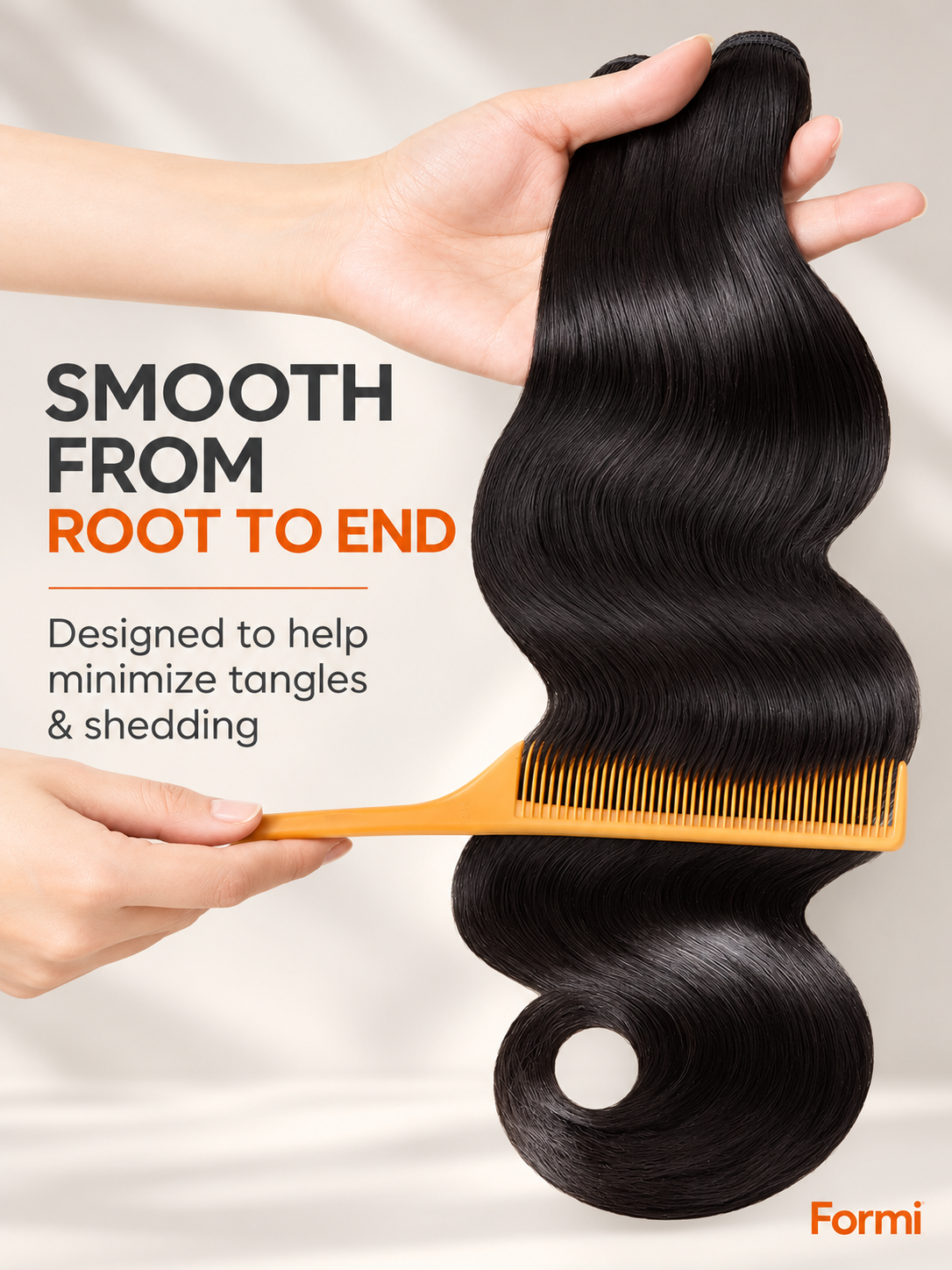 FORMI Natural Black bundle detail showing smooth hair from root to end