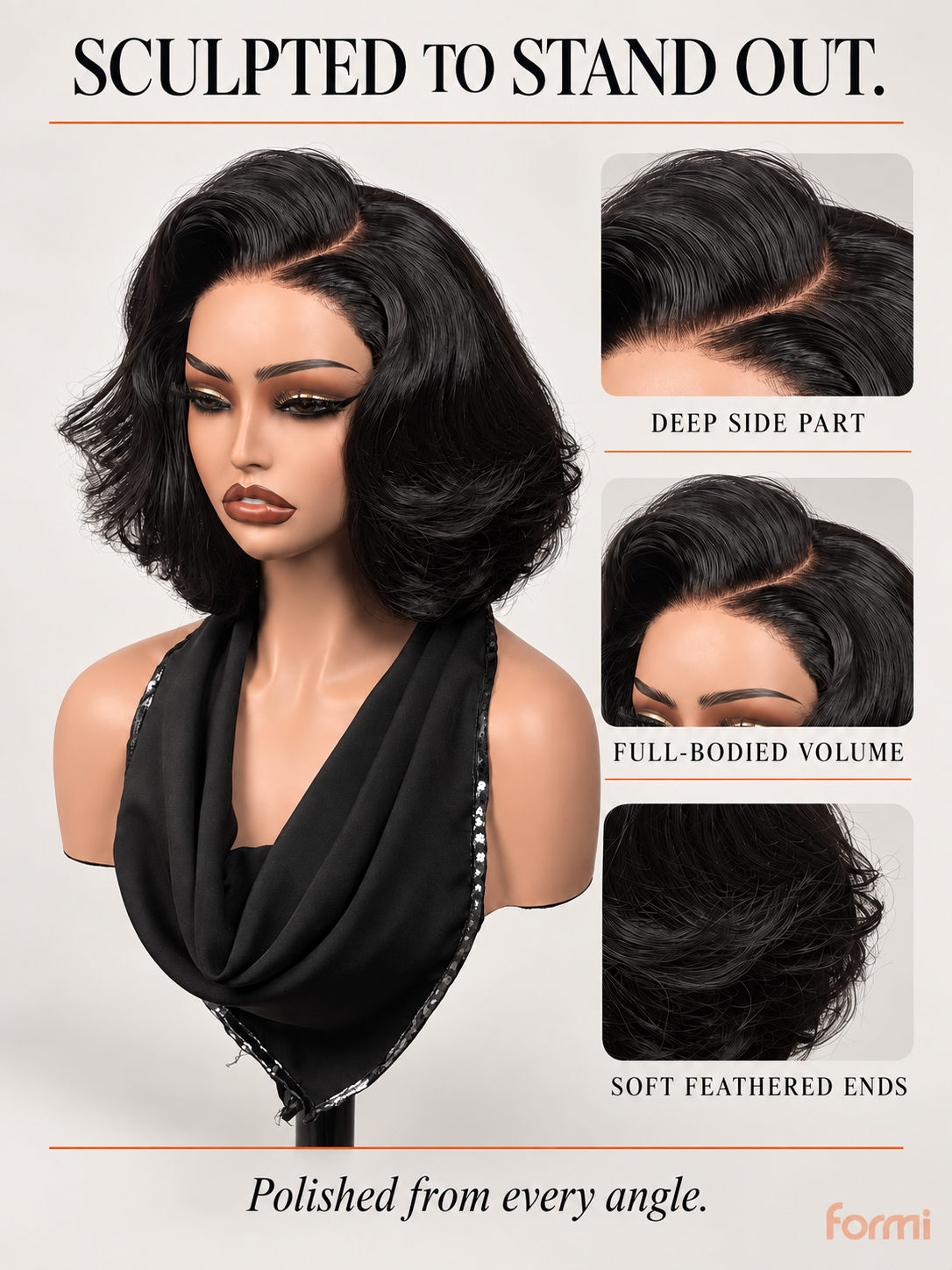Studio view of natural black layered bob wig with feathered curls and volume