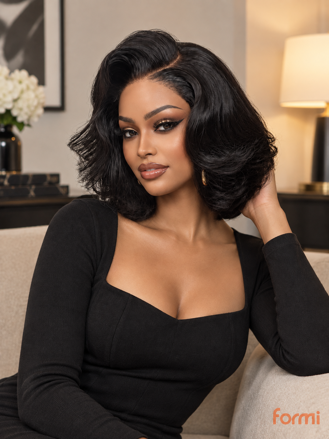 Deep side part and face-framing layers on a natural black human hair bob wig