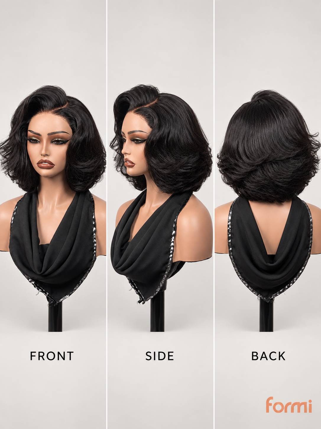 Natural black layered bob human hair wig showing its rounded feathered silhouette