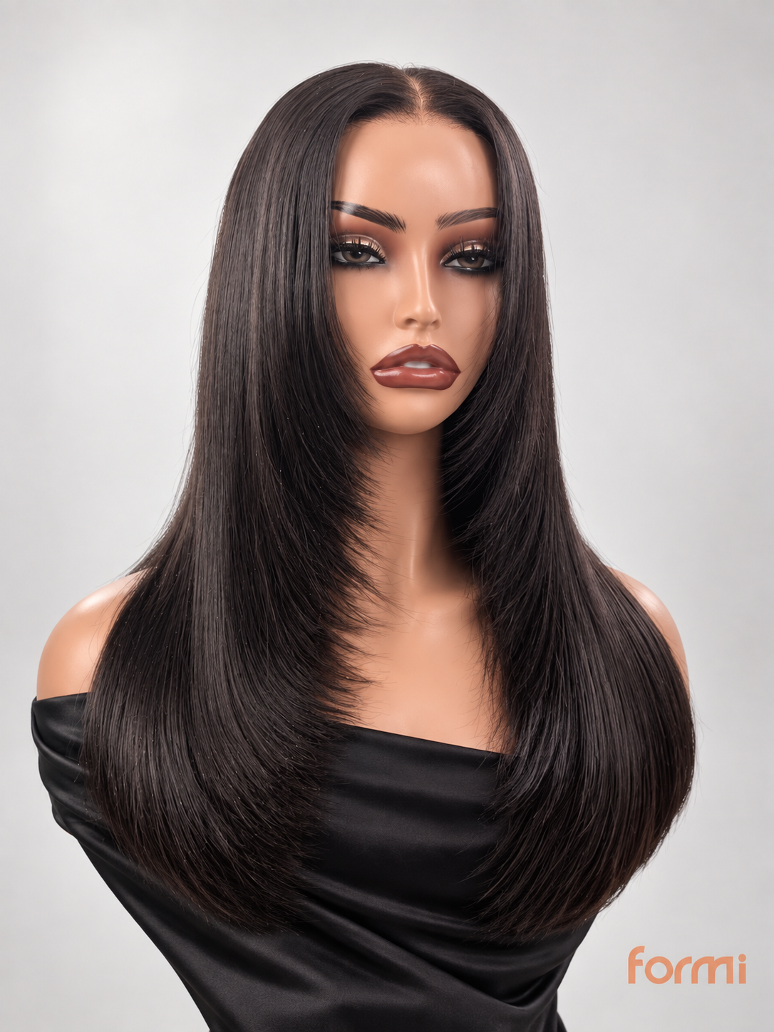 Natural black long straight human hair wig with face-framing layers on a mannequin