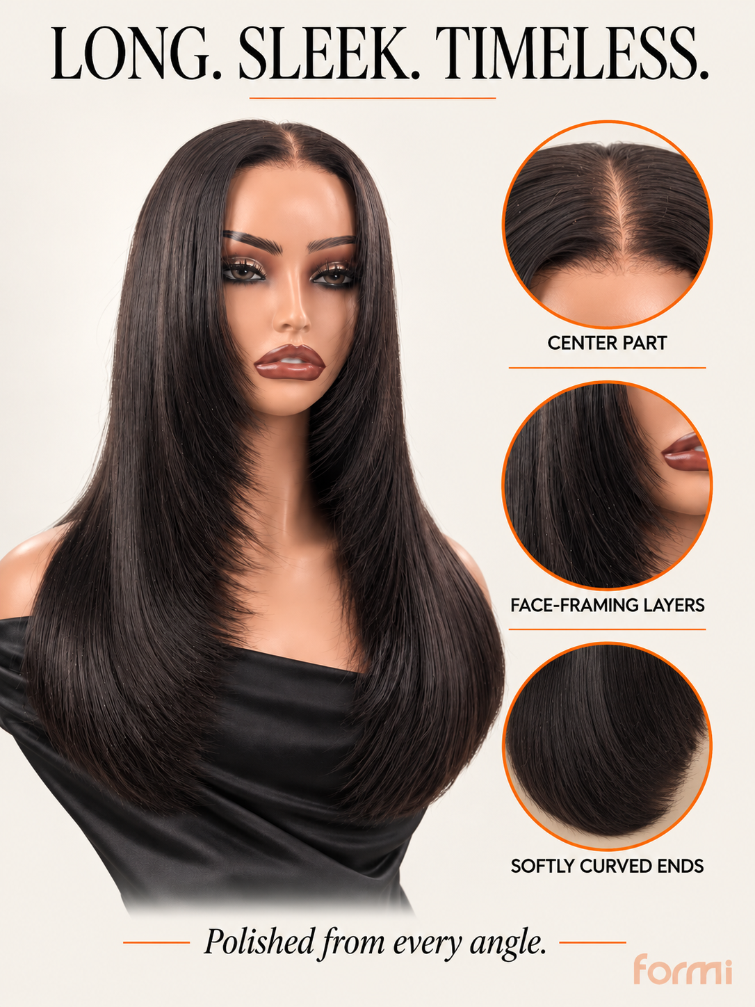 Natural black long straight wig showing polished ends and a sleek silhouette
