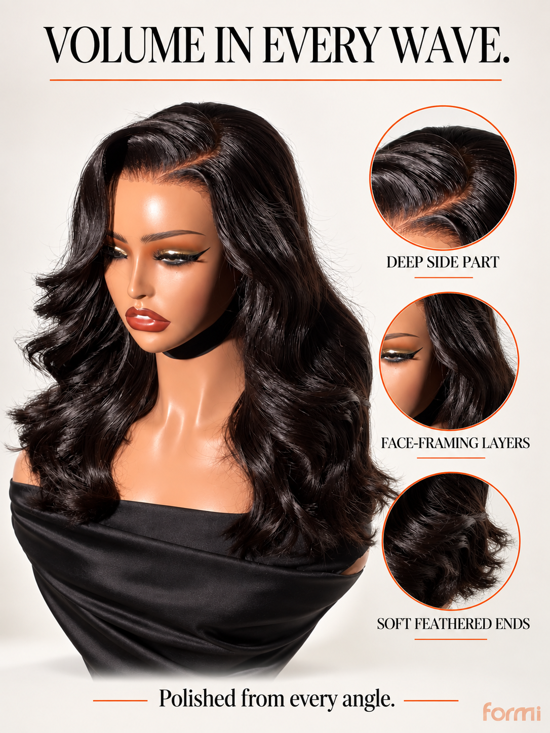 Natural black body wave wig showing feathered ends and a voluminous finish