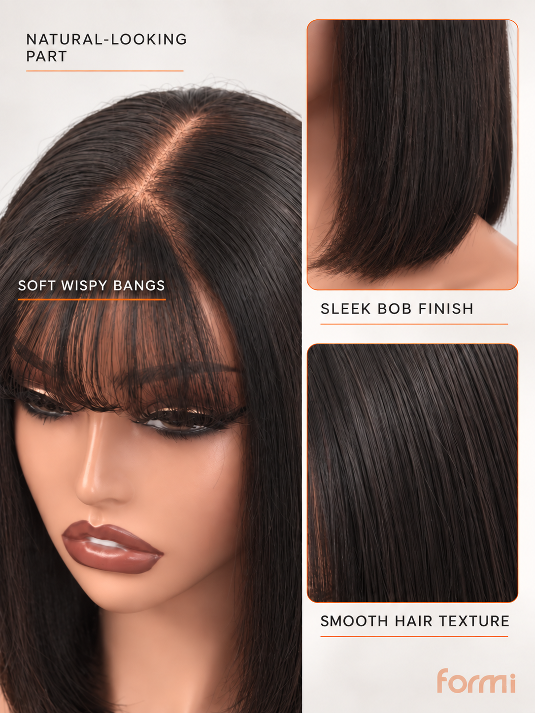 Straight human hair bob wig showing lightweight bangs and face-framing shape