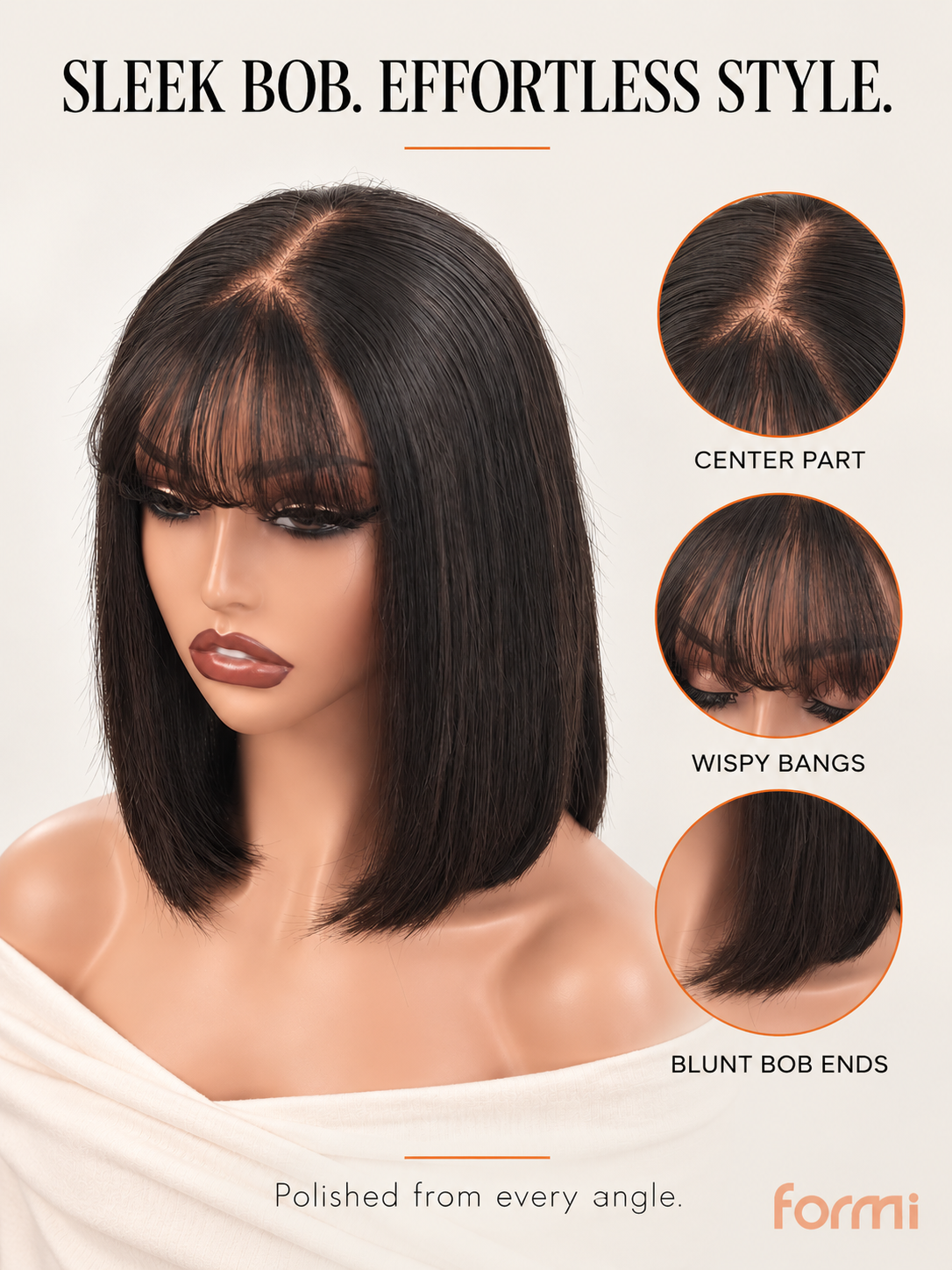 Natural black bob human hair wig showing smooth texture and polished ends