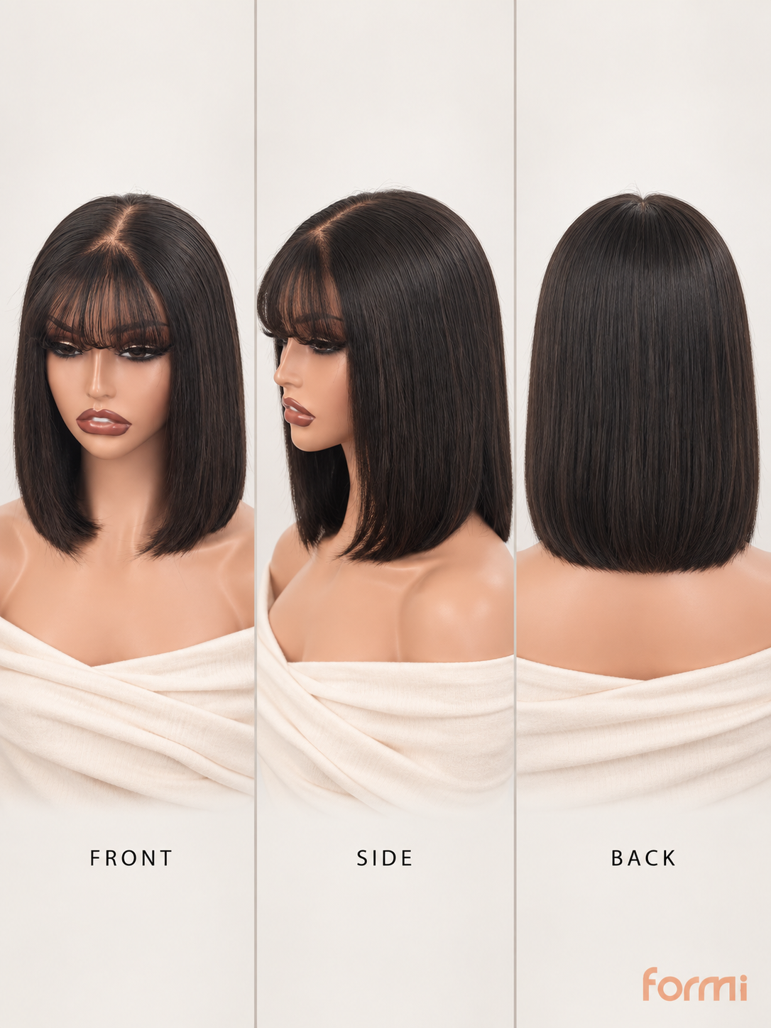 Alternate studio view of natural black straight bob wig with wispy bangs