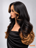 Side view of glueless balayage human hair HD lace wig with face-framing highlights