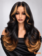 Three-quarter view of honey blonde balayage middle part layered body wave human hair wig